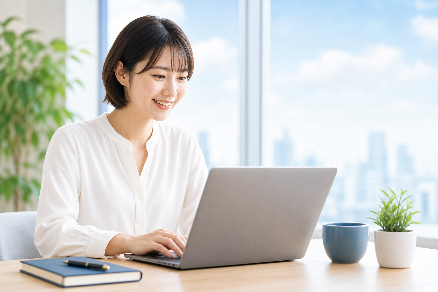ノートパソコンでCyberOfficeを使う女性